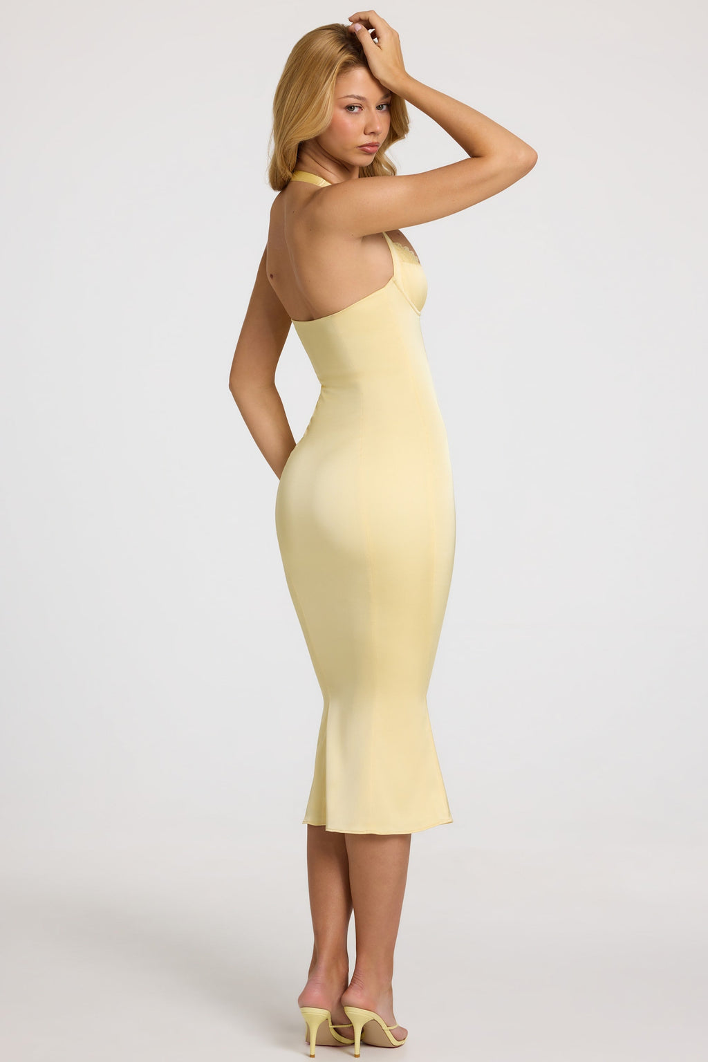 Chic Satin Sweetheart Bustier Fishtail Midaxi Dress in Butter Yellow
