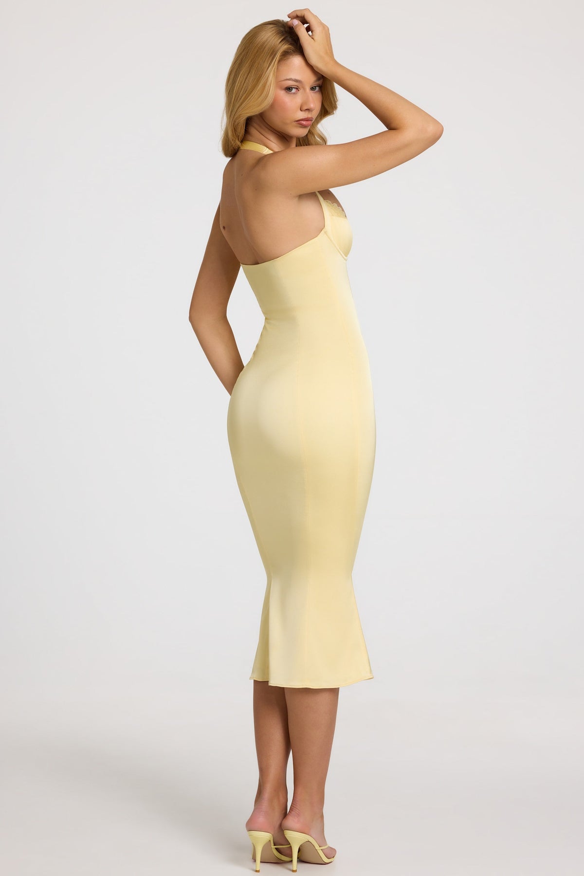 Chic Satin Sweetheart Bustier Fishtail Midaxi Dress in Butter Yellow