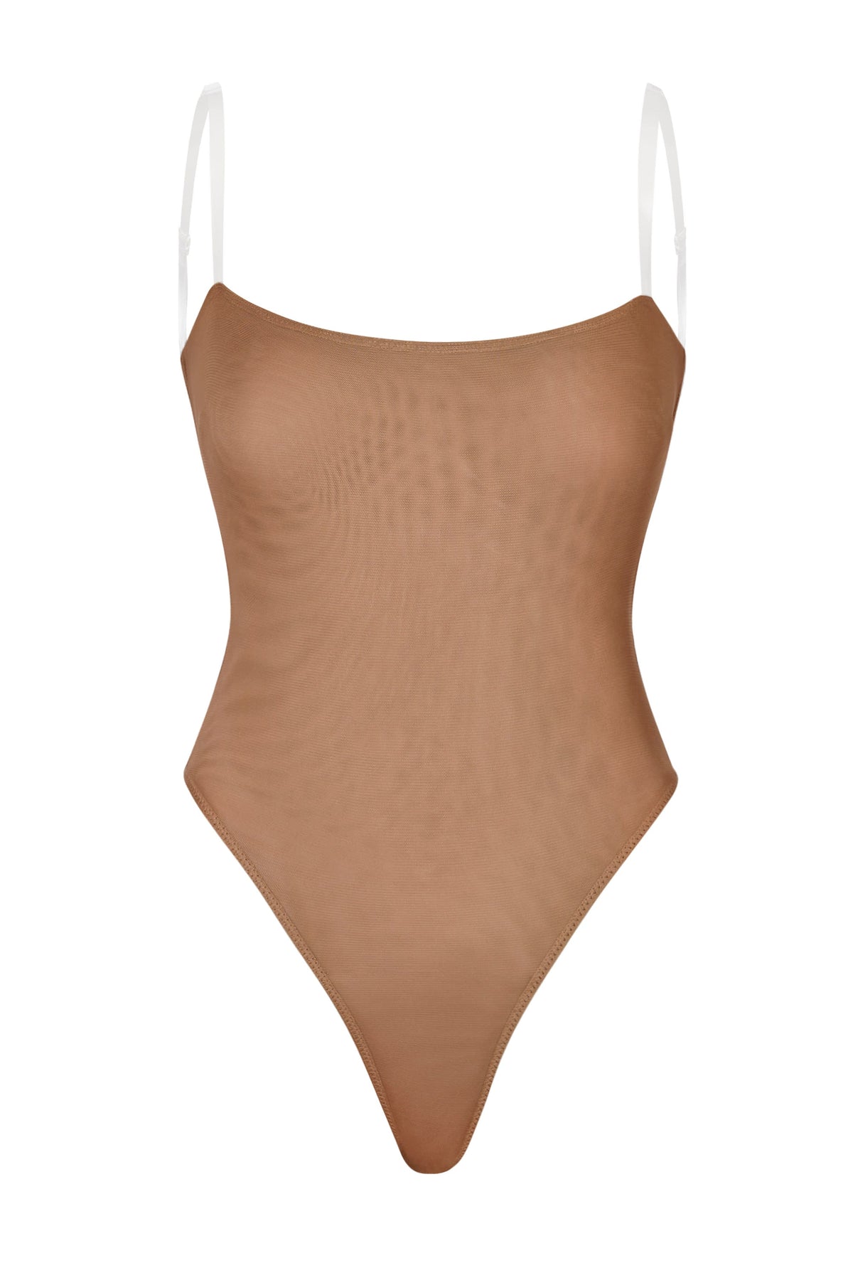 Chic Soft Mesh Invisible Strap Thong Bodysuit in Honey