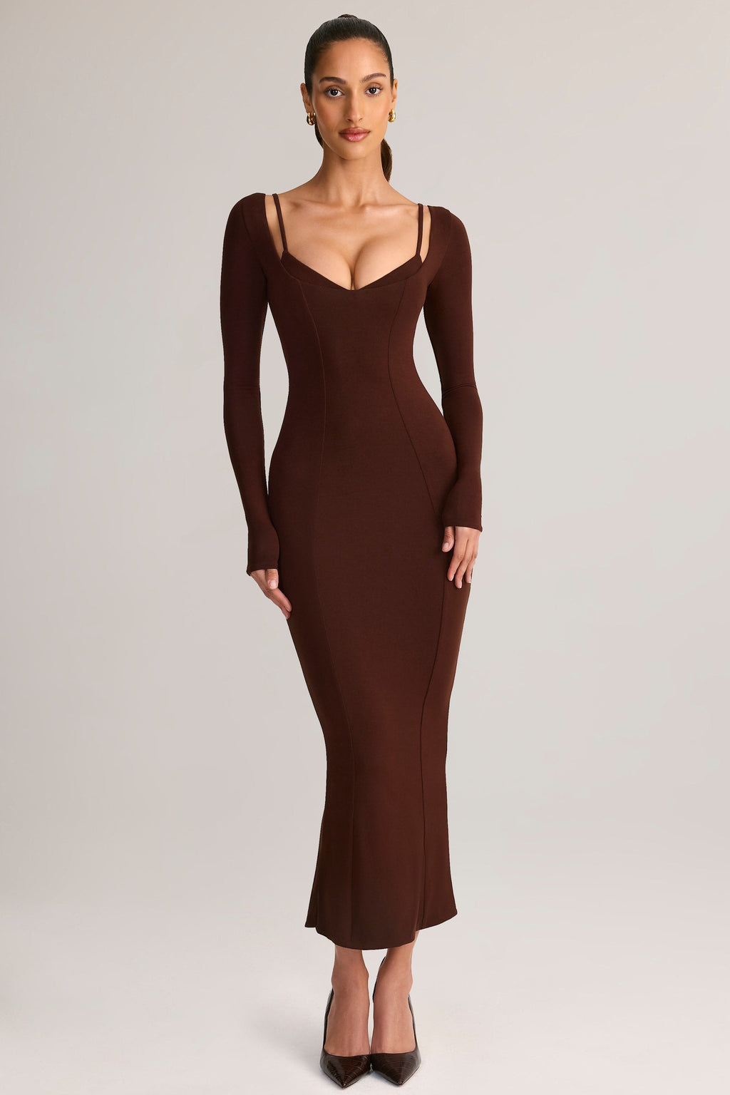Chic Modal Peekaboo Long-Sleeve Midi Dress in Chocolate Brown