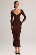 Chic Modal Peekaboo Long-Sleeve Midi Dress in Chocolate Brown