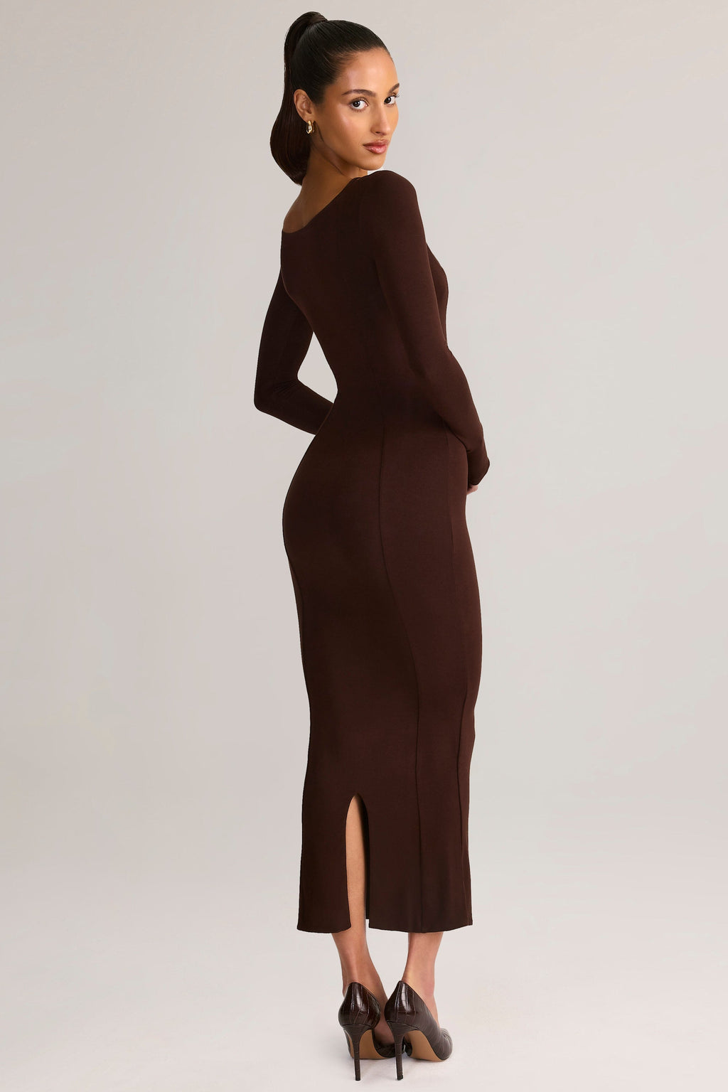 Chic Modal Peekaboo Long-Sleeve Midi Dress in Chocolate Brown