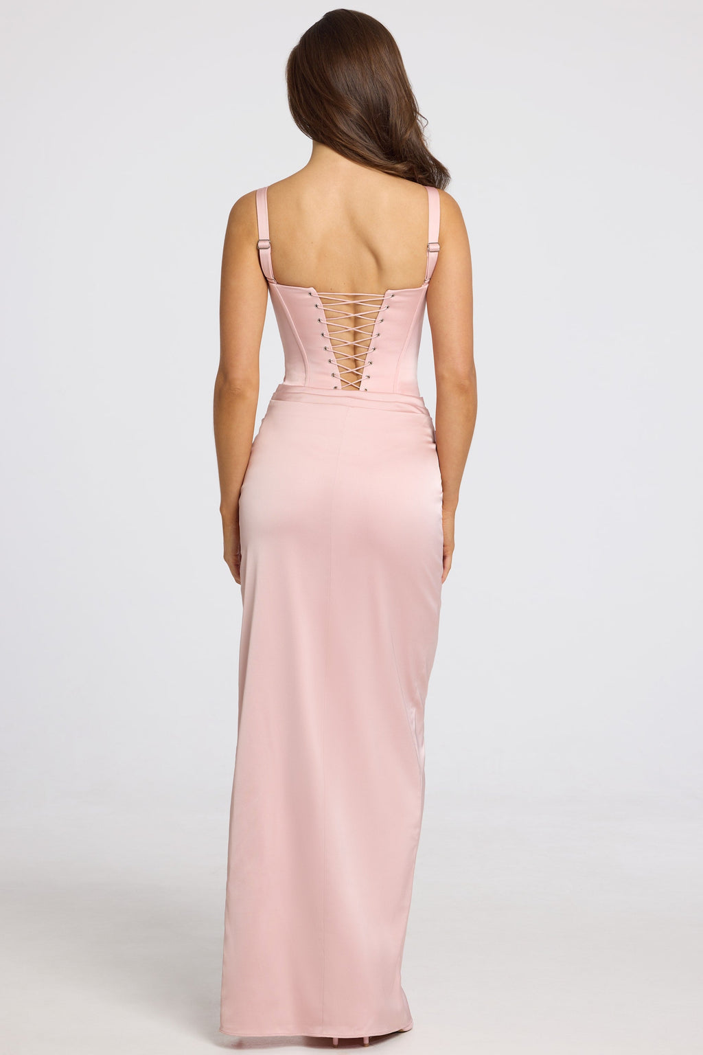 Chic Corseted Thigh-High Split Maxi Dress in Blush Pink