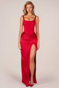 Chic Corseted Thigh-High Split Maxi Dress in Rose Red