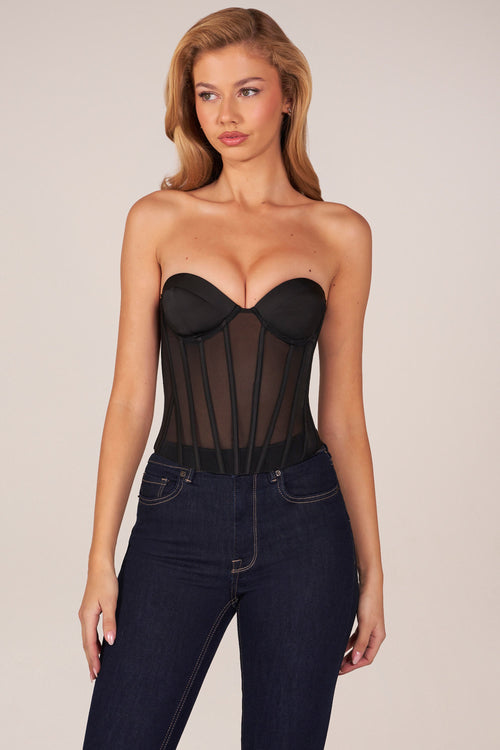 Chic Bandeau Lace-Up Corset Top in Black