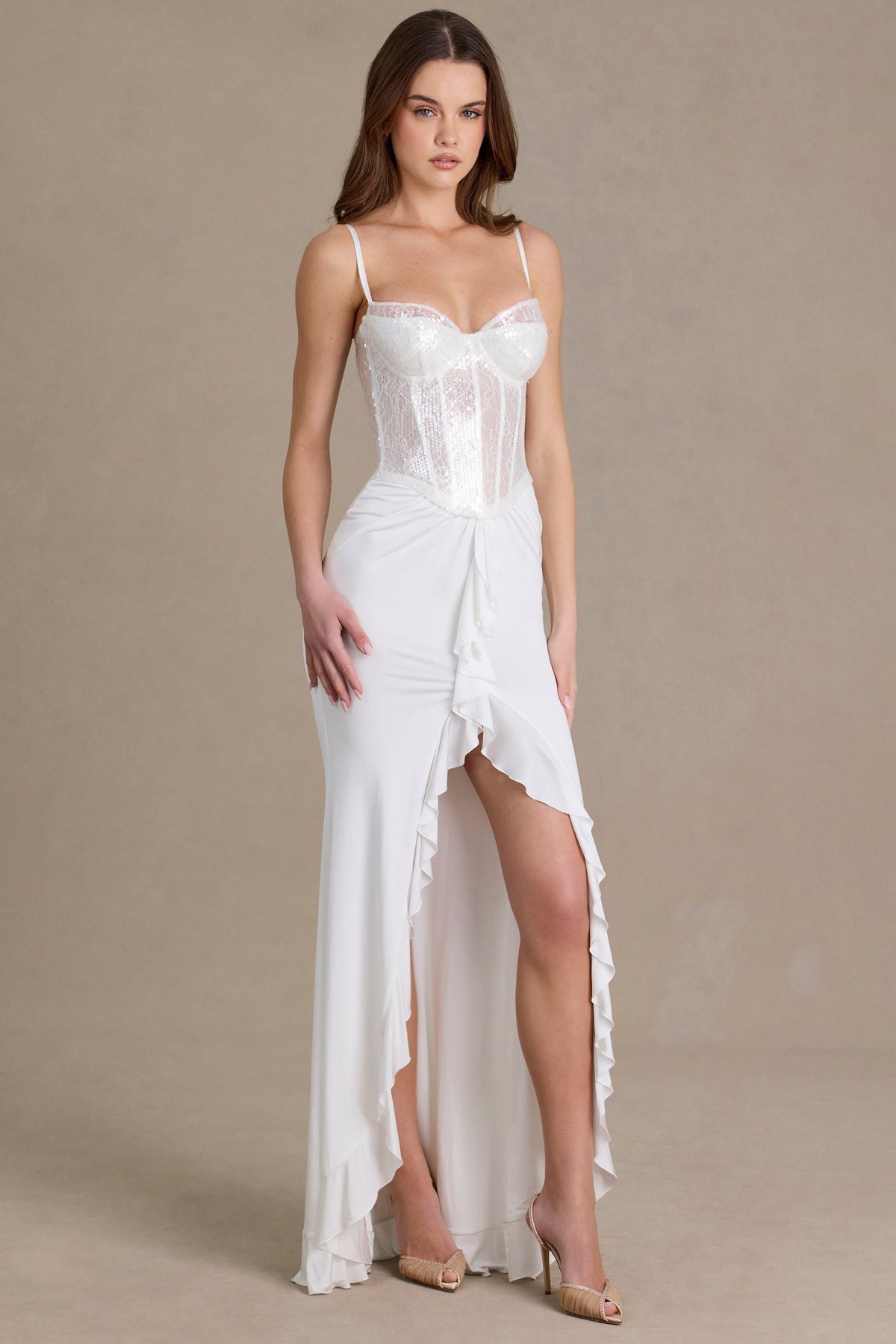 Chic Embellished Lace Corset Gown in Snow