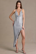 Chic Embellished Plunge Asymmetric Maxi Dress in Diamond