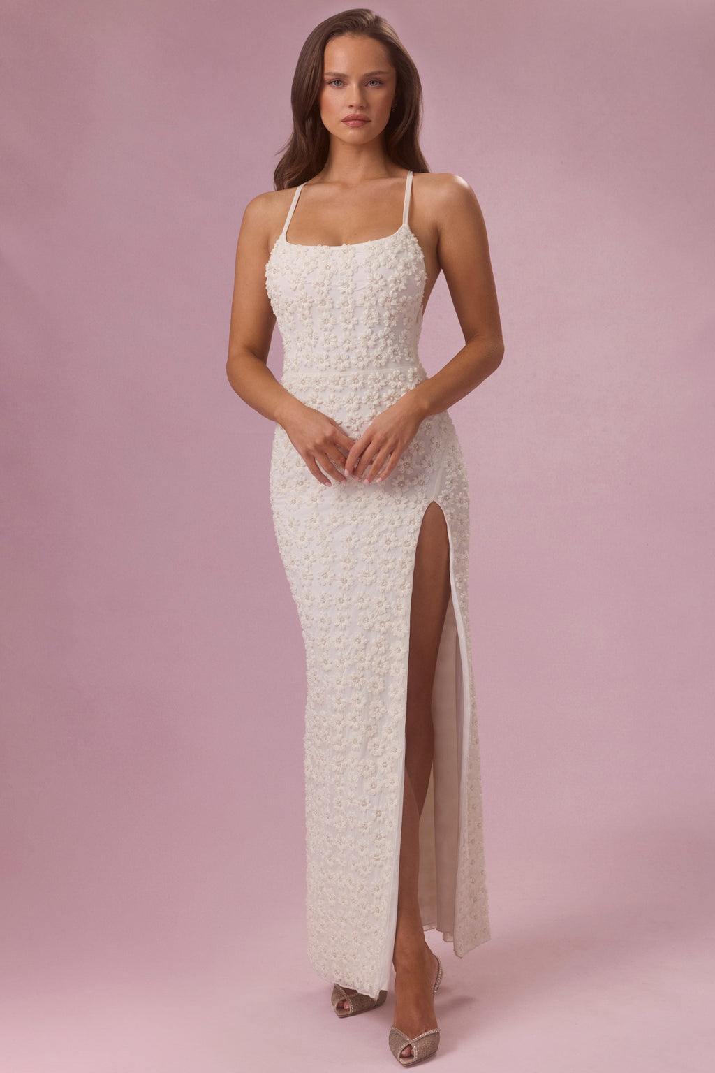 Chic Embellished Square Neck Maxi Dress in Pearl