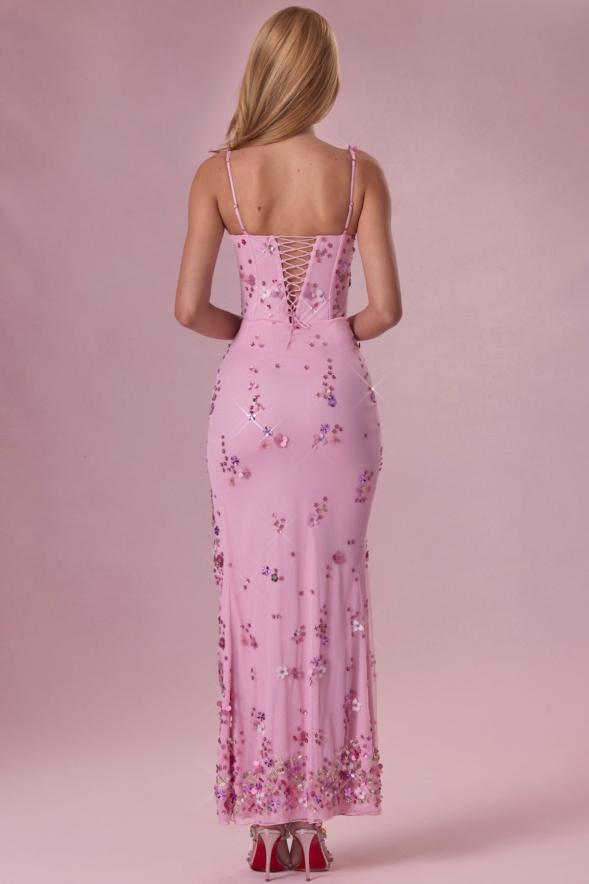 Chic Embellished Corset Maxi Dress in Candyfloss Pink