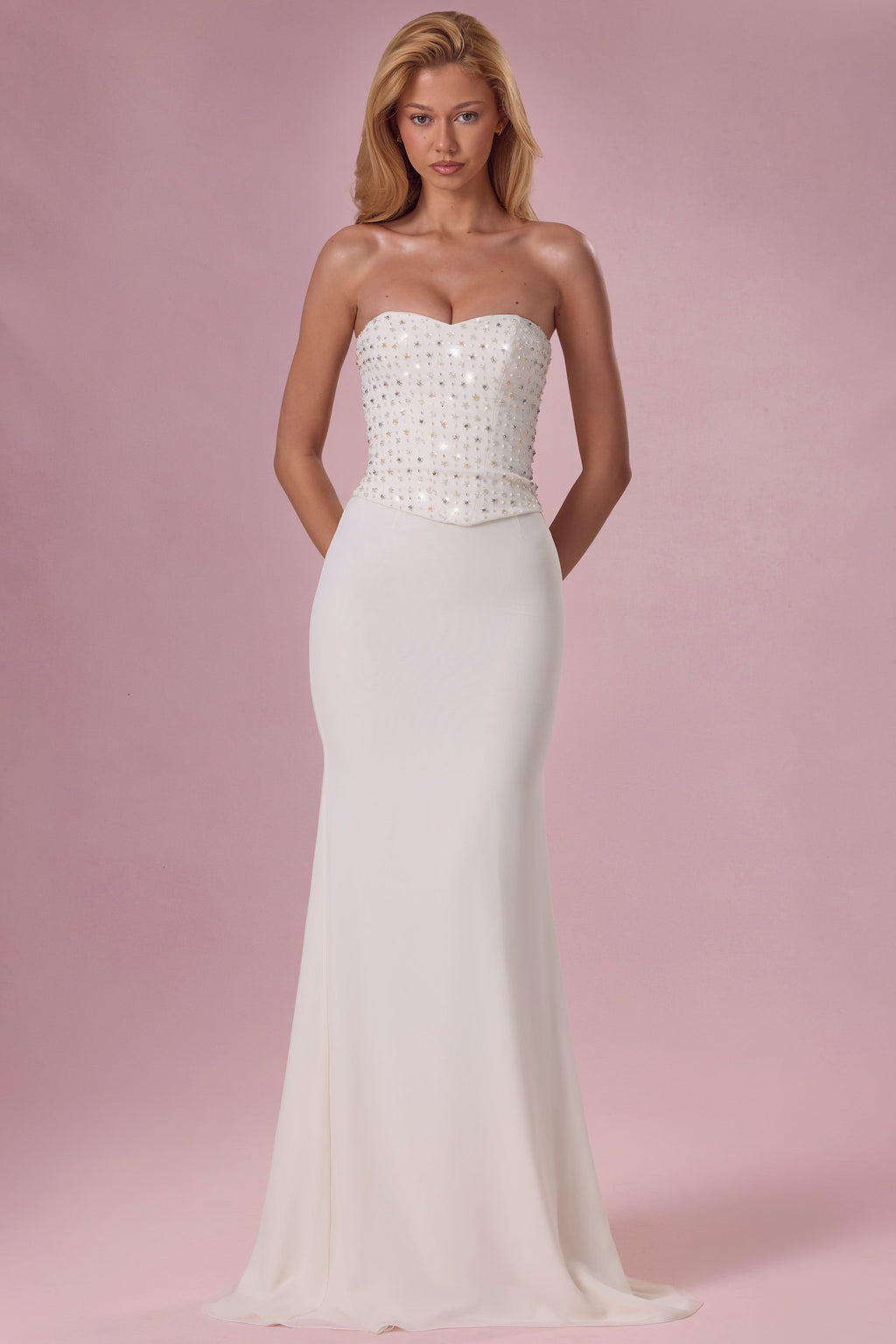 Chic Embellished Corset Strapless Gown in Pearl