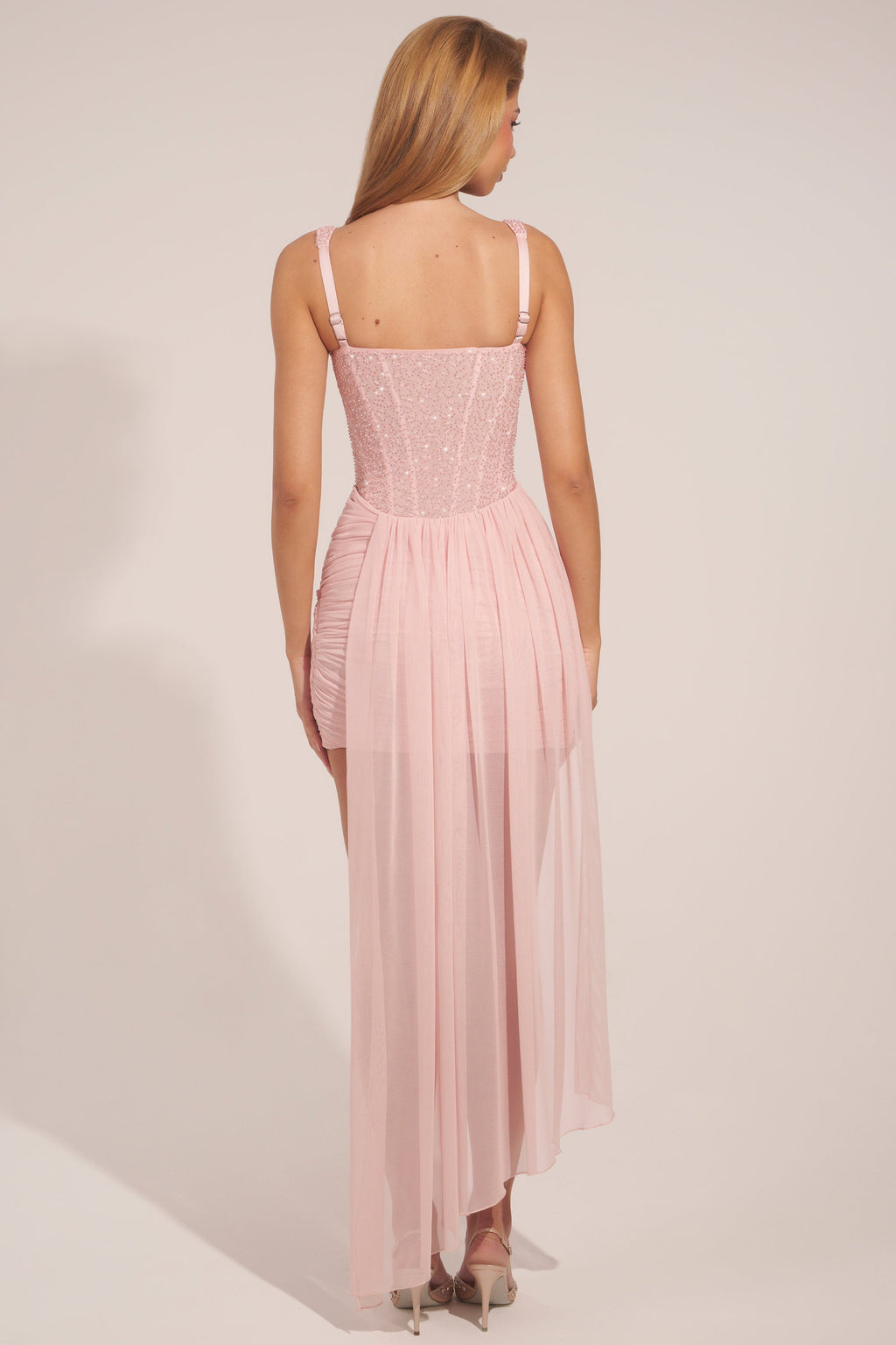 Chic Corseted Draped Mini Dress in Blush Pink
