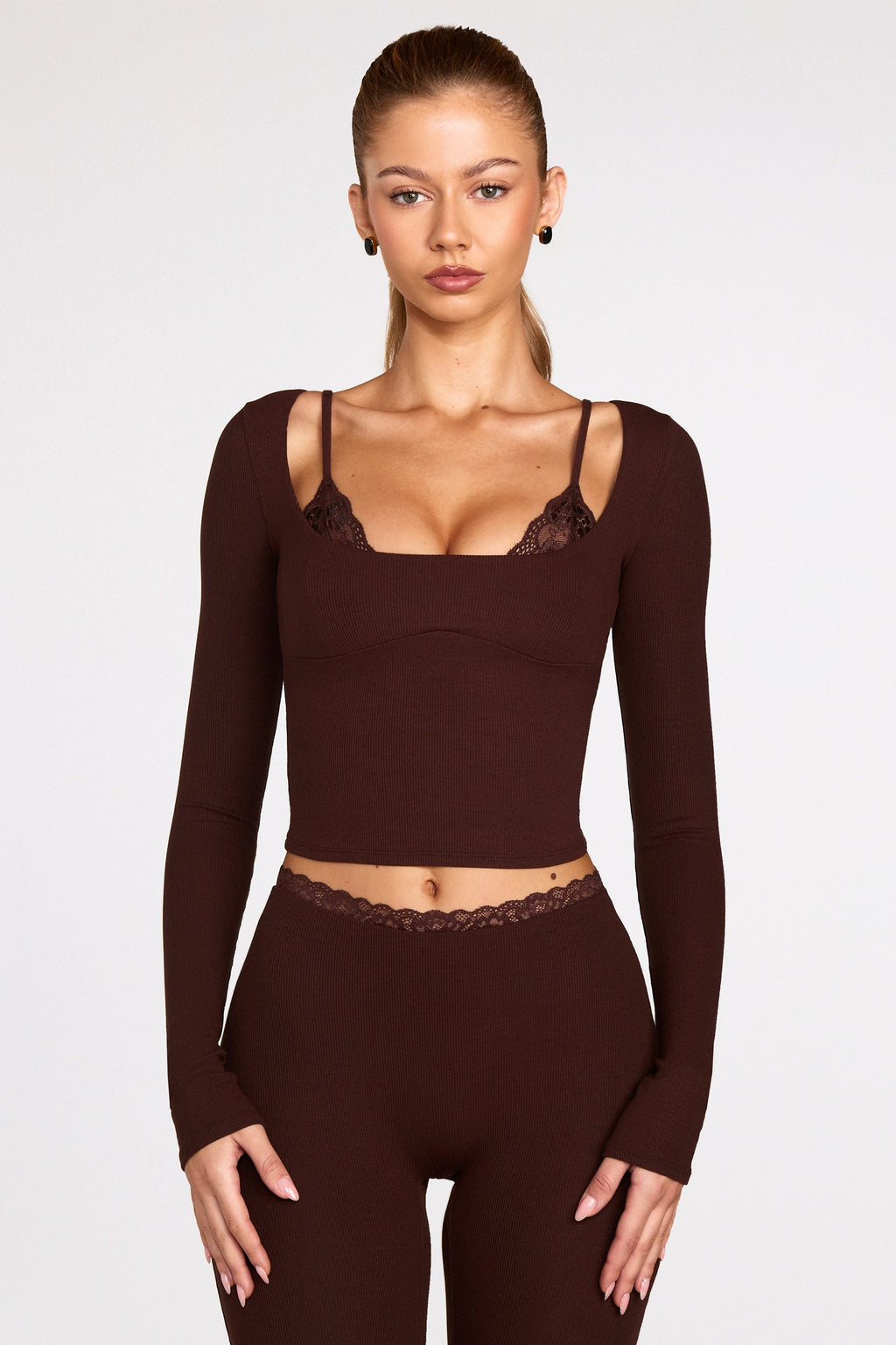 Chic Ribbed Modal Long-Sleeve Laced Bra Top in Chocolate Brown