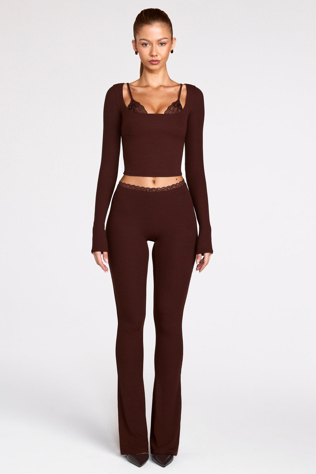 Chic Ribbed Modal Long-Sleeve Laced Bra Top in Chocolate Brown