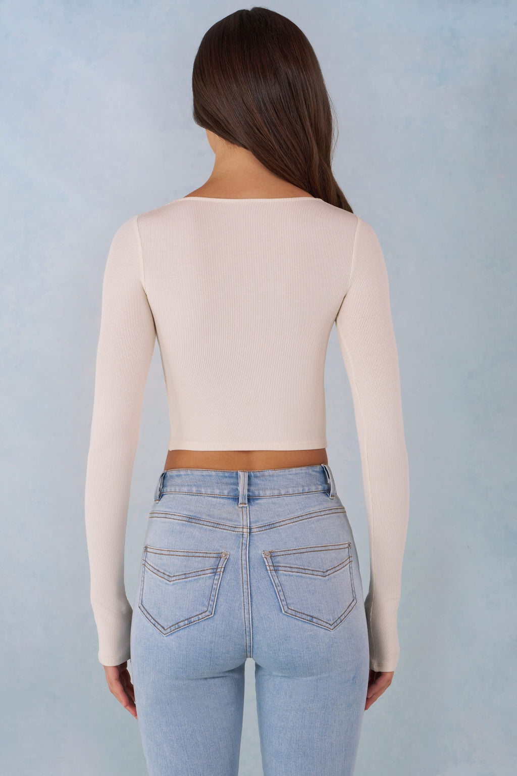 Chic Ribbed Modal Long-Sleeve Laced Bra Top in Ivory