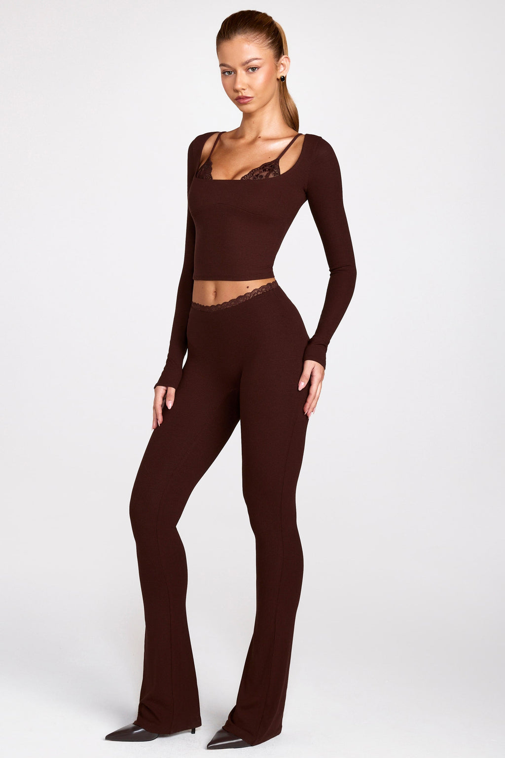 Chic Modal Mid-Rise Flared Trousers in Chocolate Brown