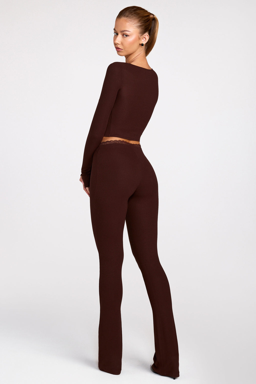 Chic Modal Mid-Rise Flared Trousers in Chocolate Brown