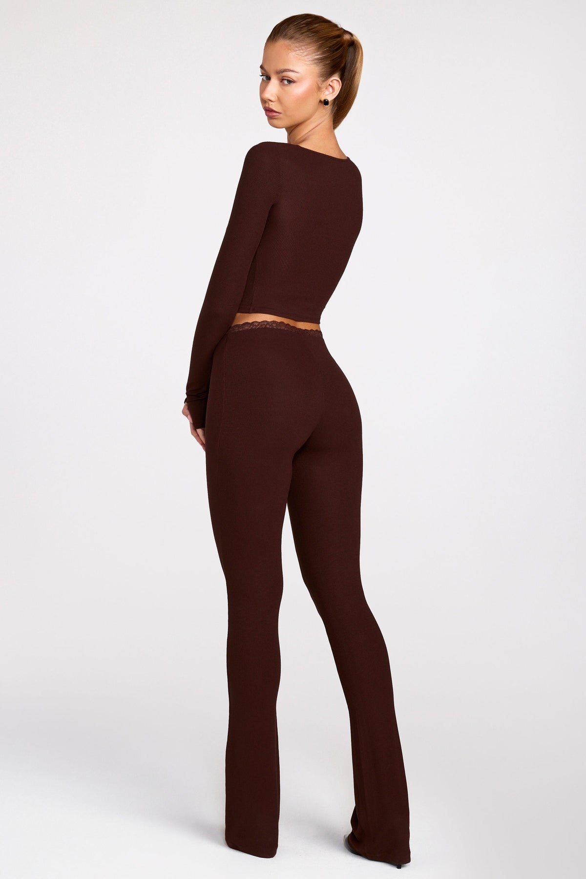 Chic Modal Mid-Rise Flared Trousers in Chocolate Brown