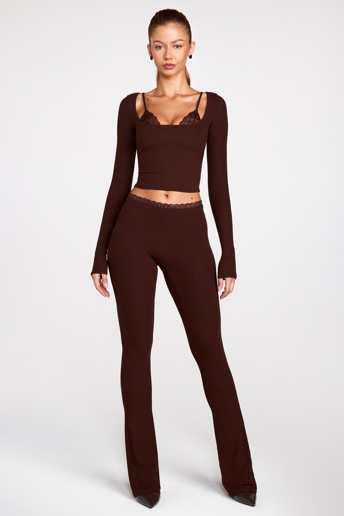 Chic Modal Mid-Rise Flared Trousers in Chocolate Brown