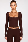 Chic Ribbed Modal Square-Neck Long-Sleeve Top in Chocolate Brown