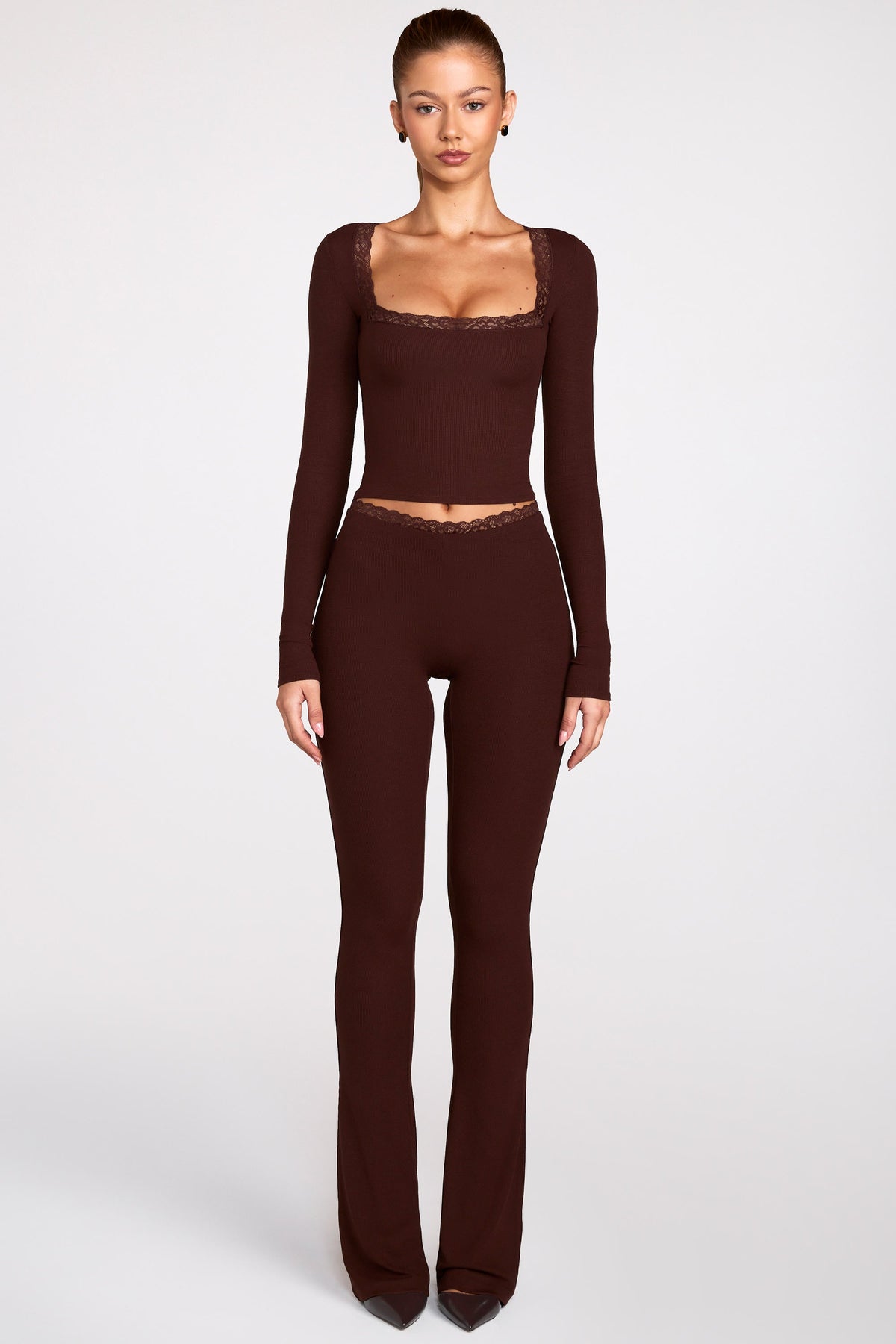 Chic Ribbed Modal Square-Neck Long-Sleeve Top in Chocolate Brown