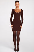 Chic Ribbed Modal Long-Sleeve Laced Bra Mini Dress in Chocolate Brown