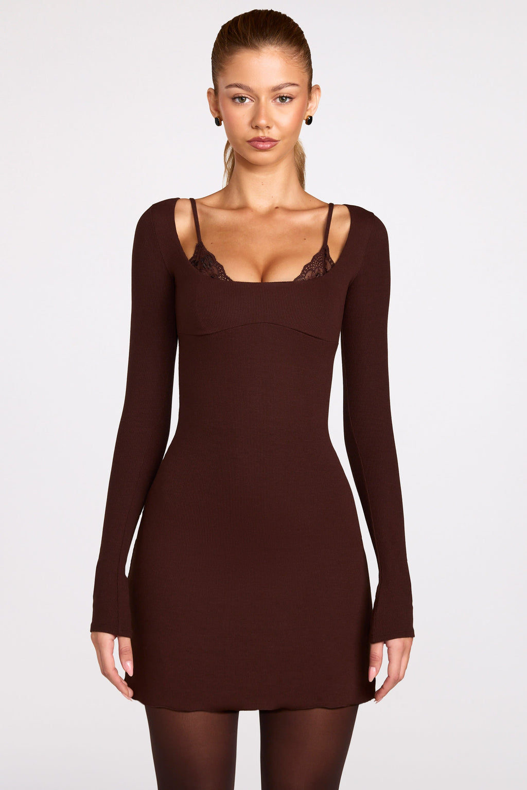 Chic Ribbed Modal Long-Sleeve Laced Bra Mini Dress in Chocolate Brown