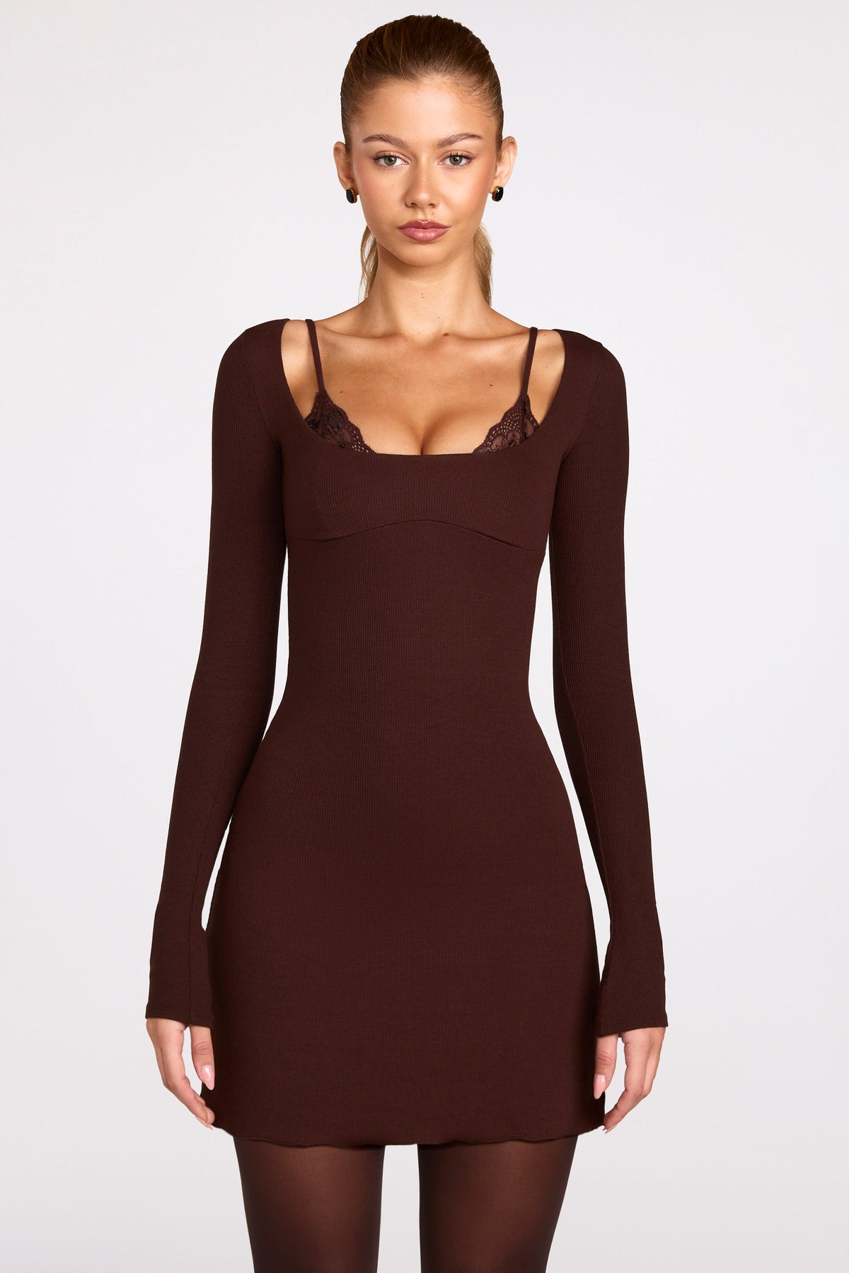 Chic Ribbed Modal Long-Sleeve Laced Bra Mini Dress in Chocolate Brown