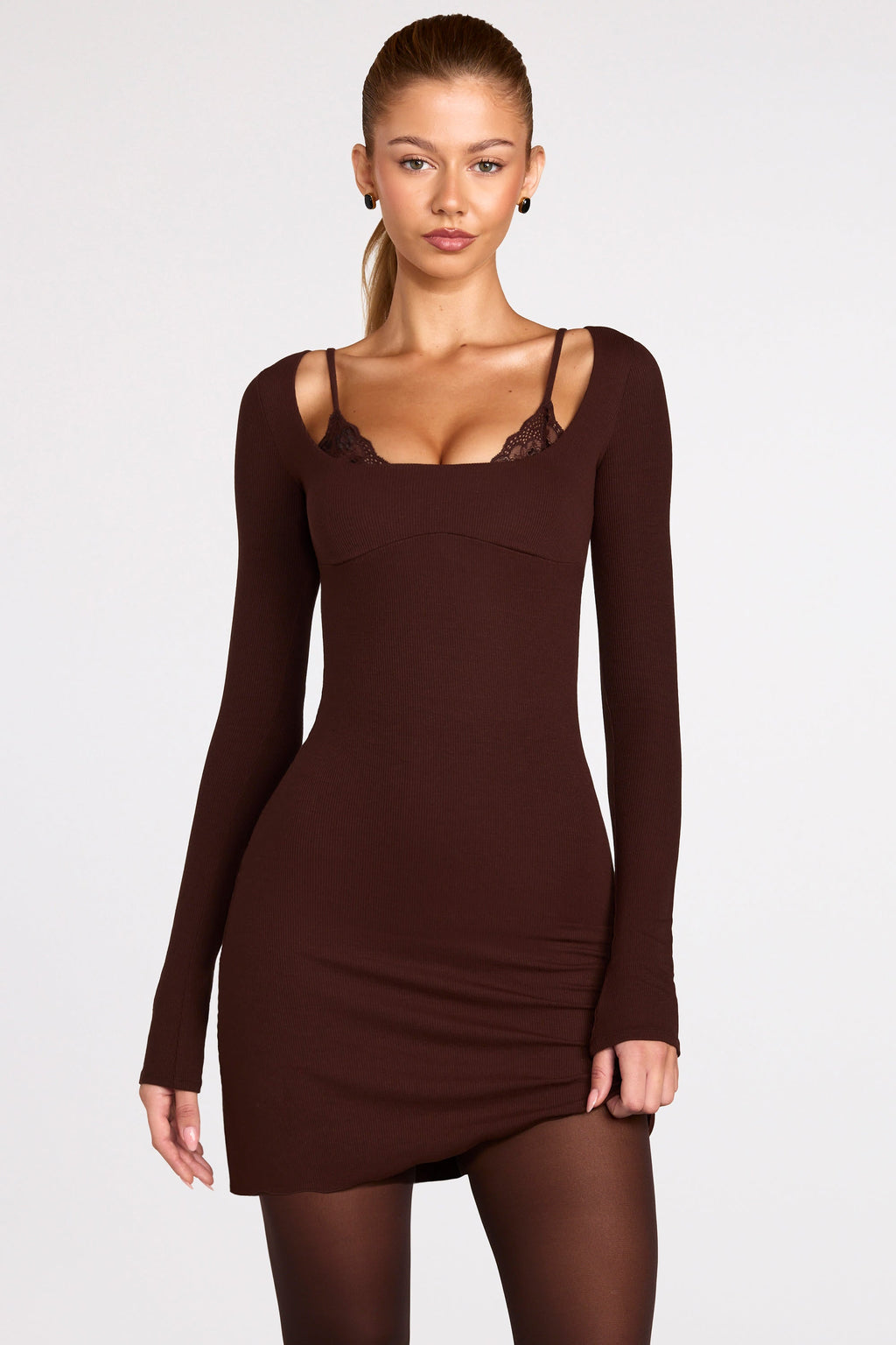 Chic Ribbed Modal Long-Sleeve Laced Bra Mini Dress in Chocolate Brown