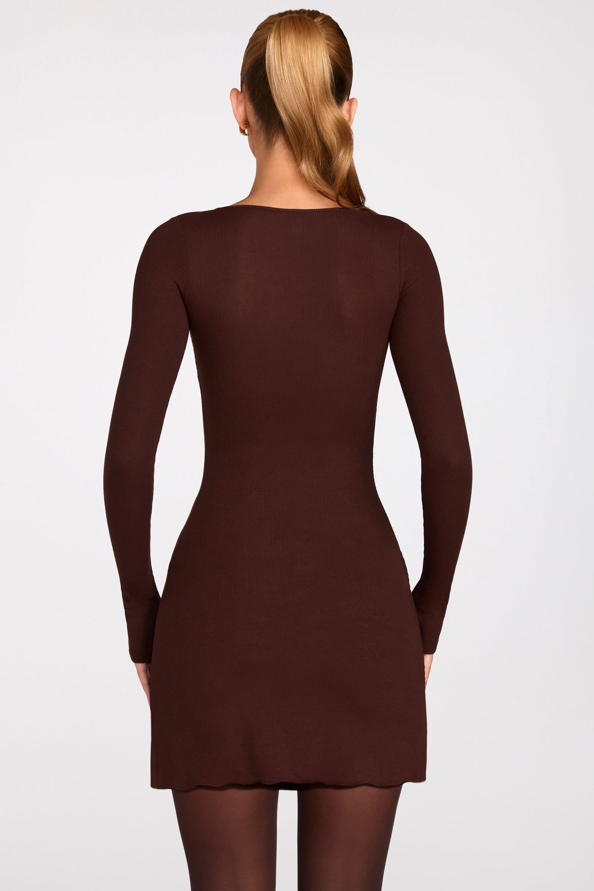 Chic Ribbed Modal Long-Sleeve Laced Bra Mini Dress in Chocolate Brown