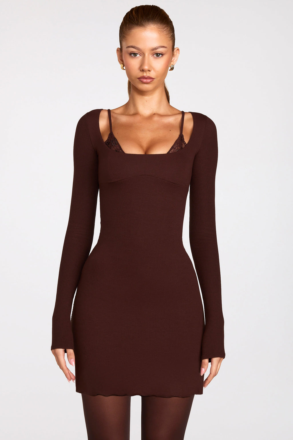 Chic Ribbed Modal Long-Sleeve Laced Bra Mini Dress in Chocolate Brown
