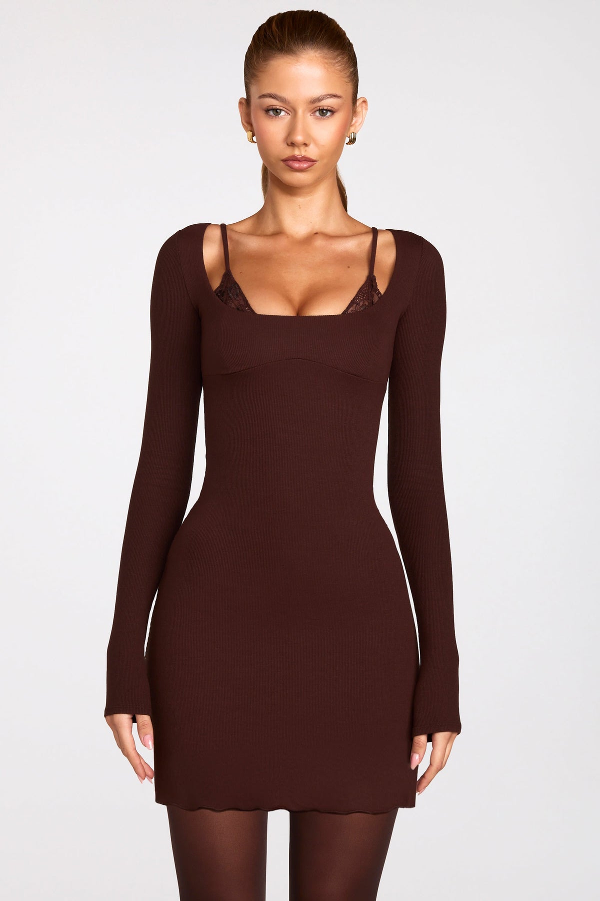 Chic Ribbed Modal Long-Sleeve Laced Bra Mini Dress in Chocolate Brown