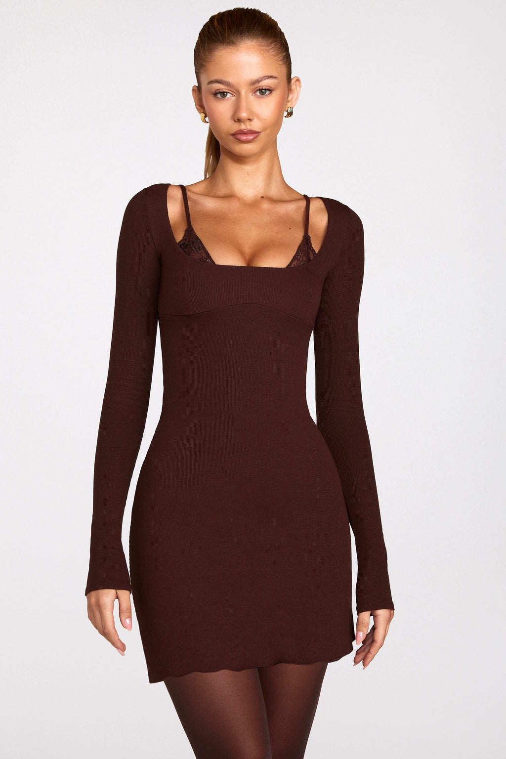 Chic Ribbed Modal Long-Sleeve Laced Bra Mini Dress in Chocolate Brown