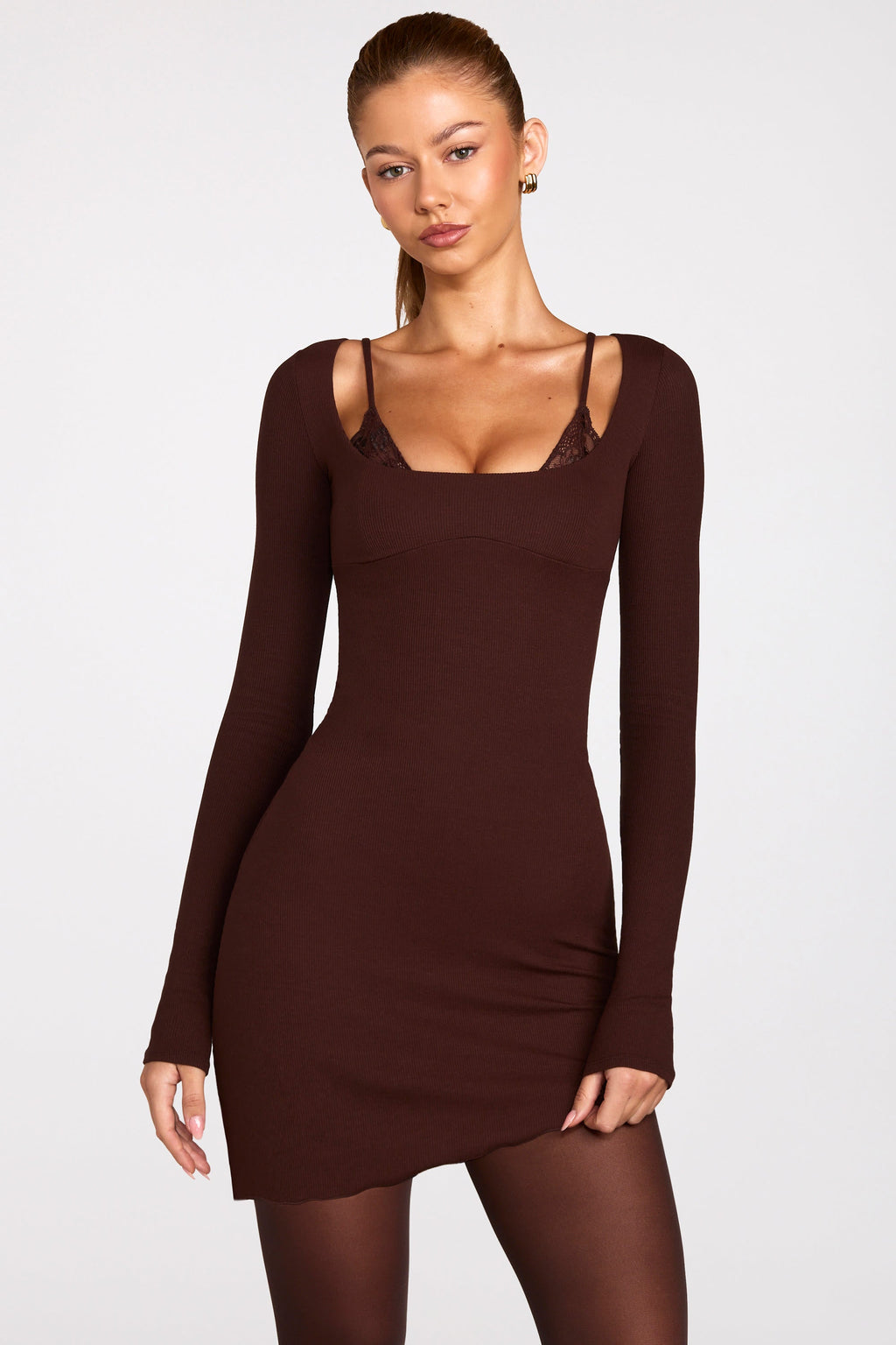 Chic Ribbed Modal Long-Sleeve Laced Bra Mini Dress in Chocolate Brown