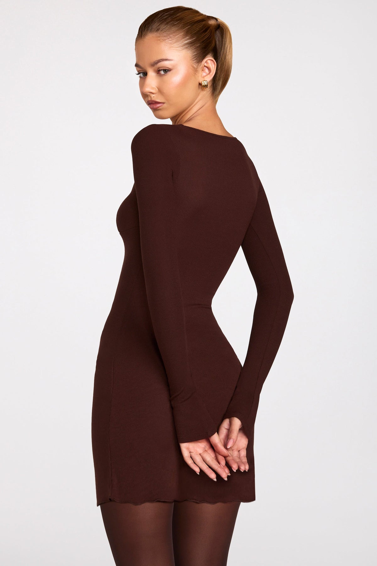 Chic Ribbed Modal Long-Sleeve Laced Bra Mini Dress in Chocolate Brown