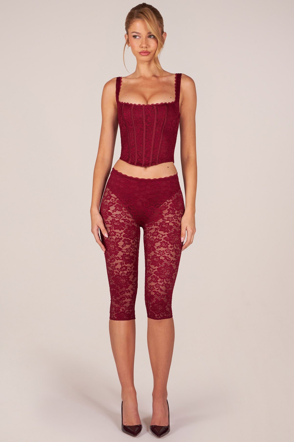 Chic Laced Capri Trousers in Cherry Red
