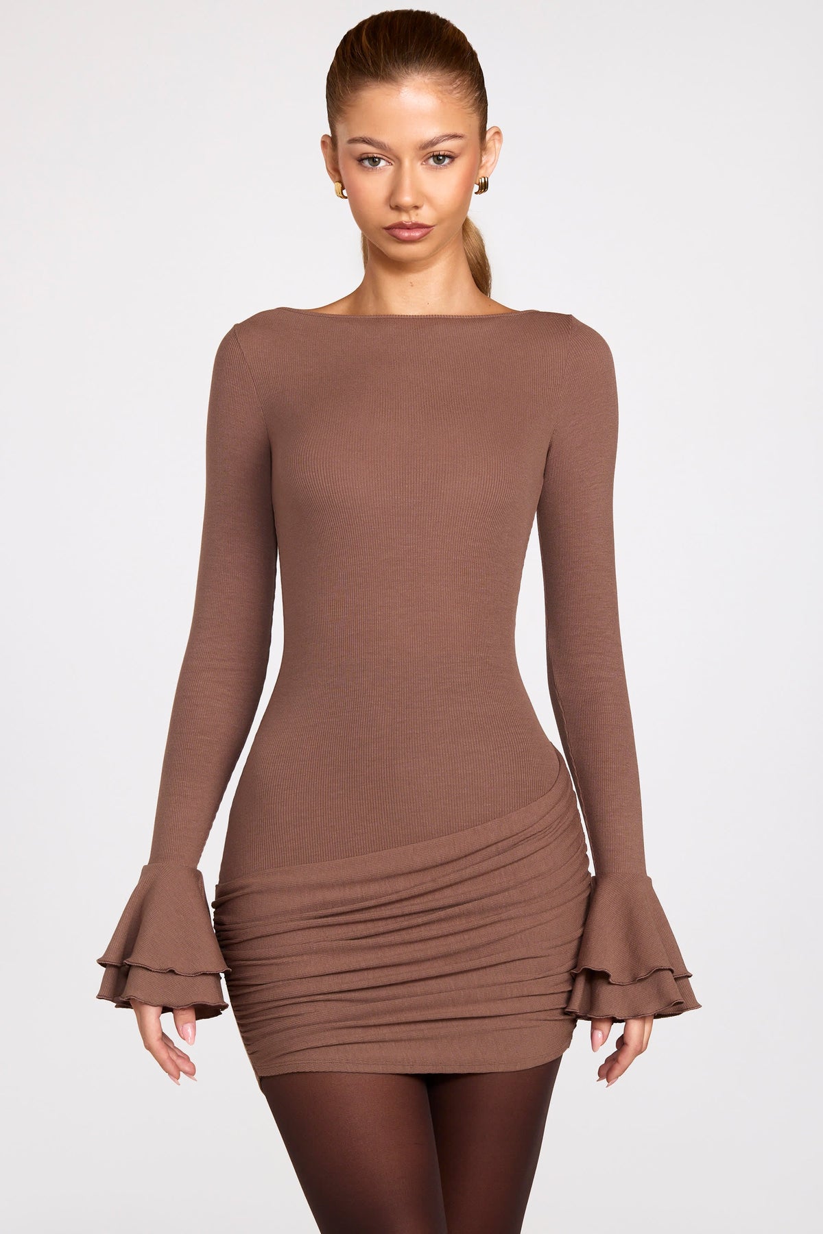 Chic Ribbed Modal Long-Sleeve Draped Mini Dress in Mocha