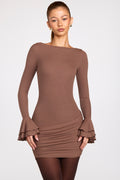 Chic Ribbed Modal Long-Sleeve Draped Mini Dress in Mocha