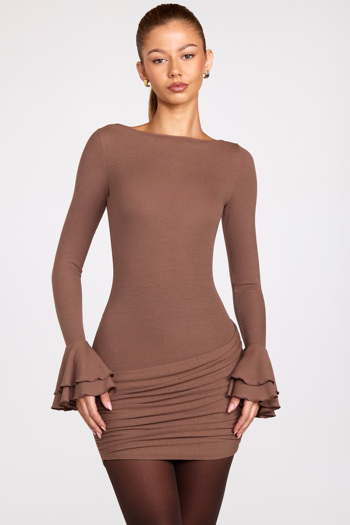 Chic Ribbed Modal Long-Sleeve Draped Mini Dress in Mocha