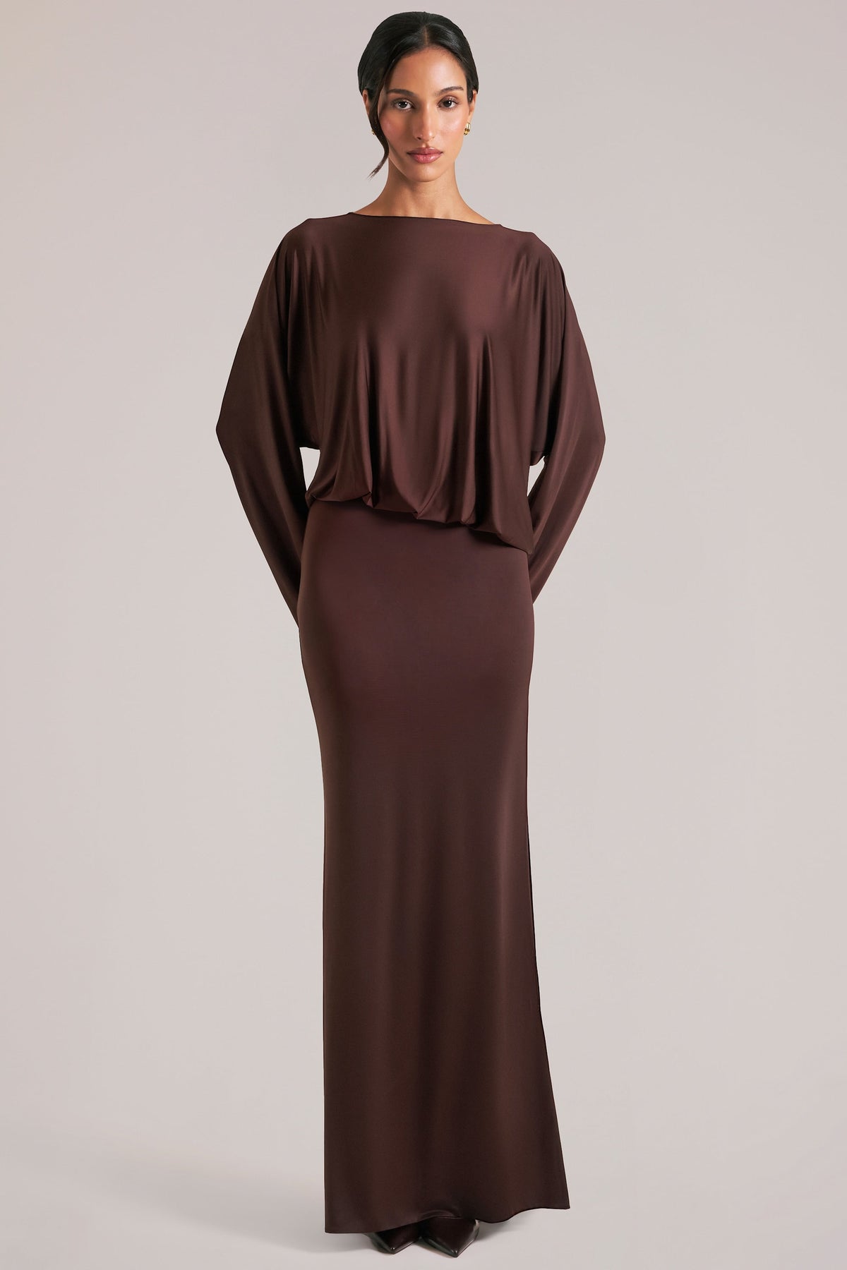 Chic Long-Sleeve Draped Maxi Dress in Chocolate Brown