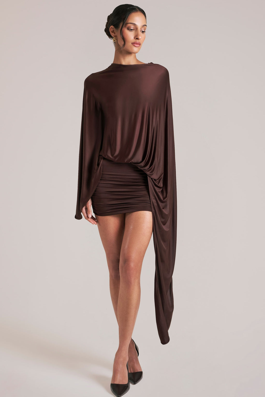 Chic Draped Cape Mini Dress in Chocolate Brown
