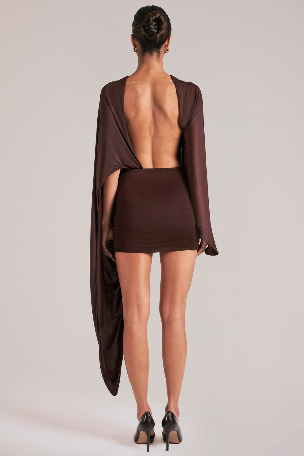 Chic Draped Cape Mini Dress in Chocolate Brown