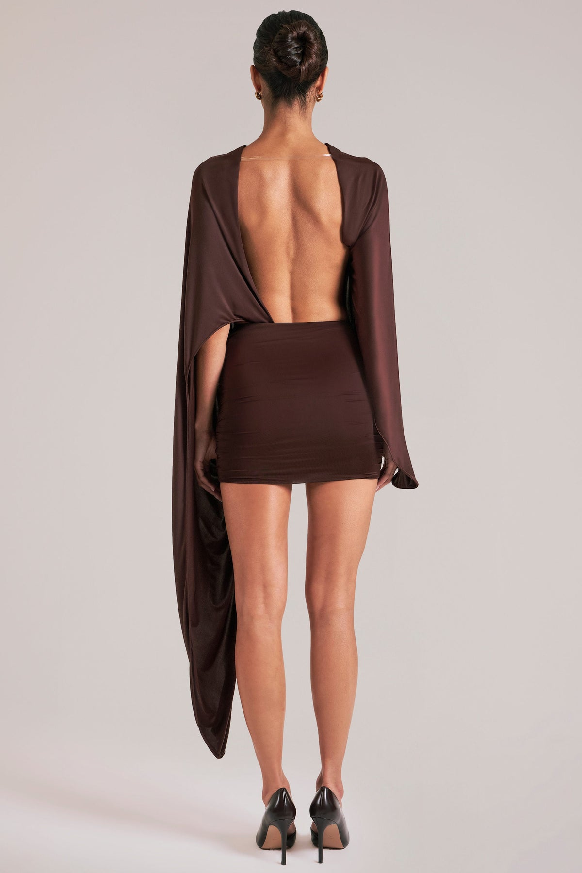 Chic Draped Cape Mini Dress in Chocolate Brown