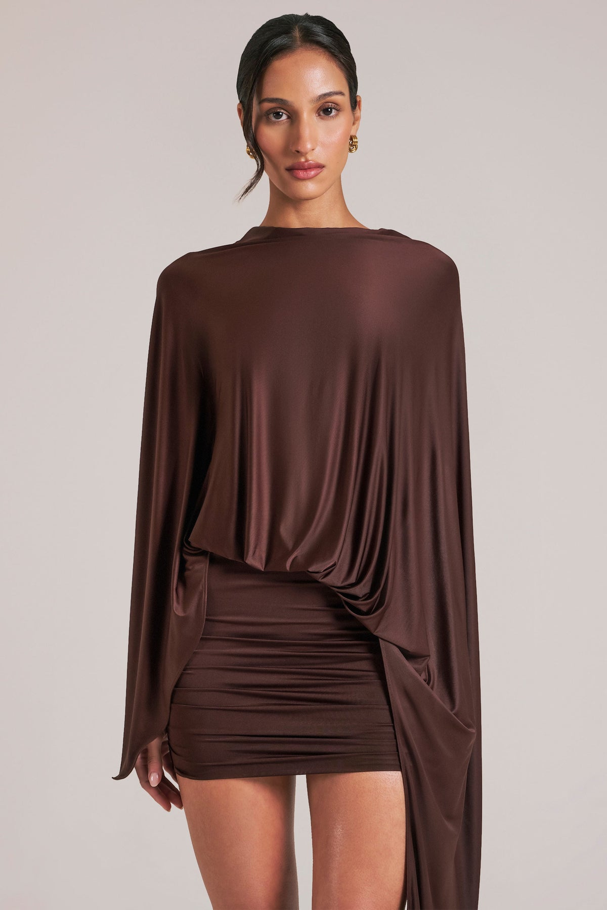 Chic Draped Cape Mini Dress in Chocolate Brown