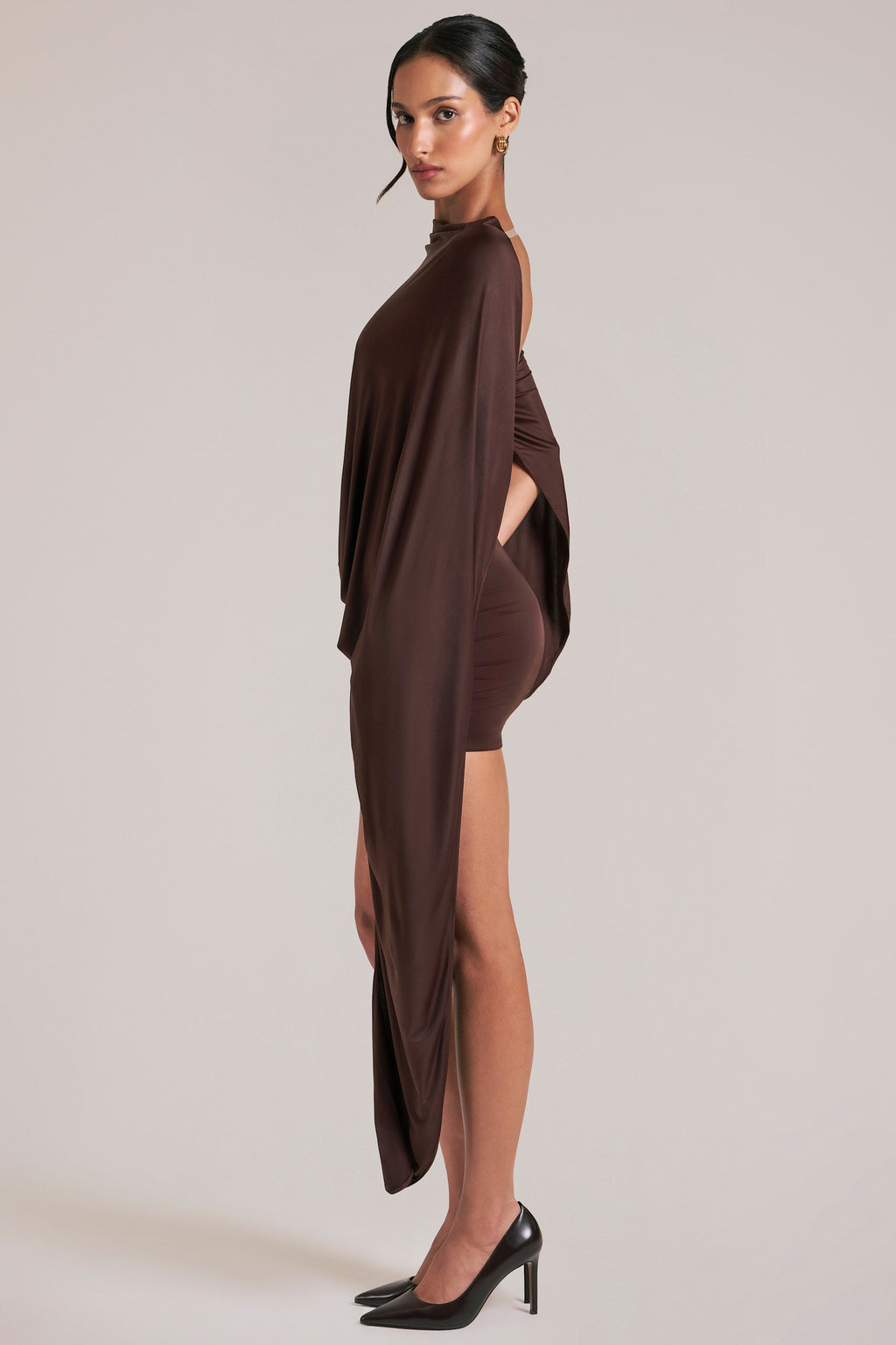 Chic Draped Cape Mini Dress in Chocolate Brown