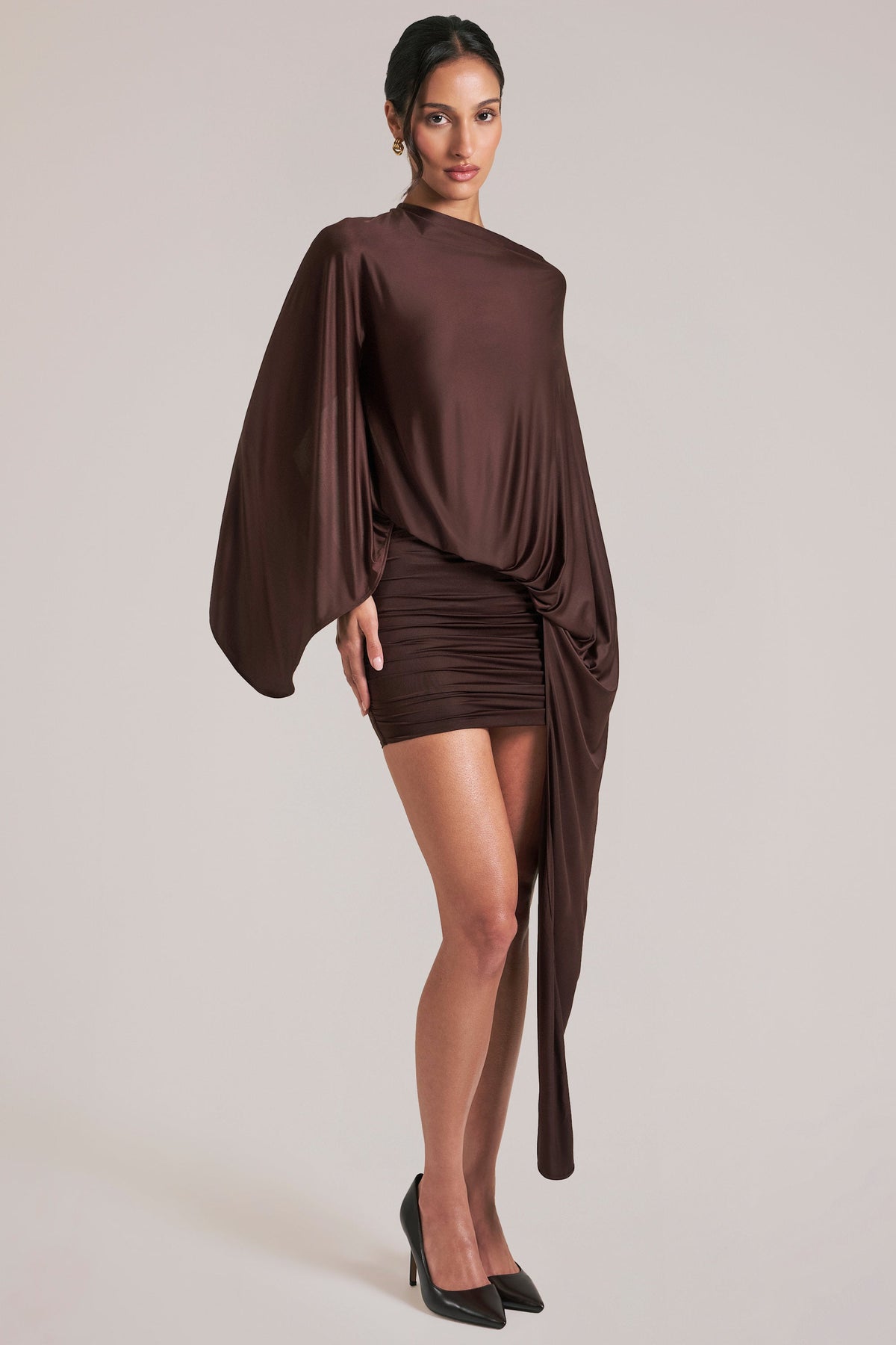 Chic Draped Cape Mini Dress in Chocolate Brown