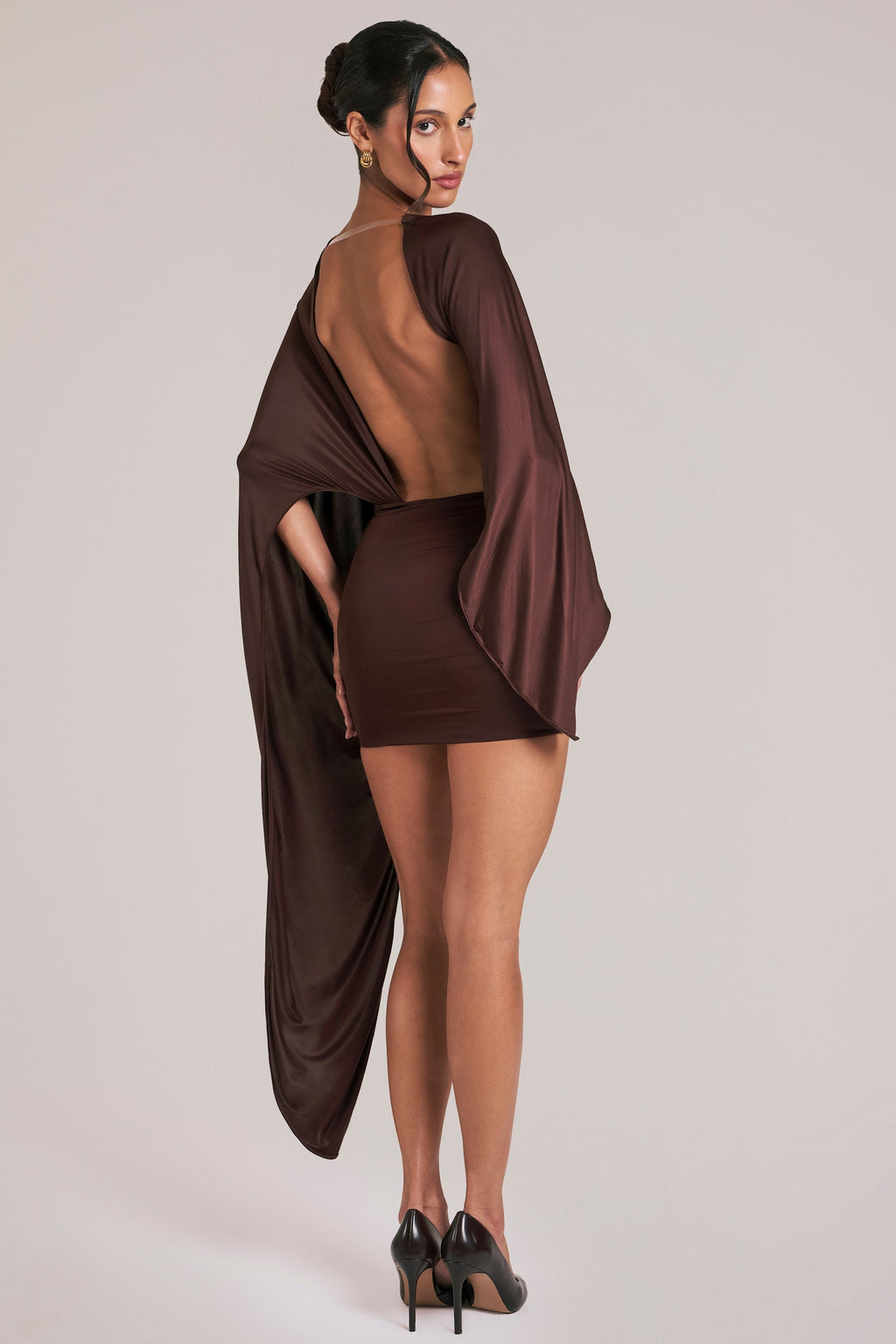 Chic Draped Cape Mini Dress in Chocolate Brown