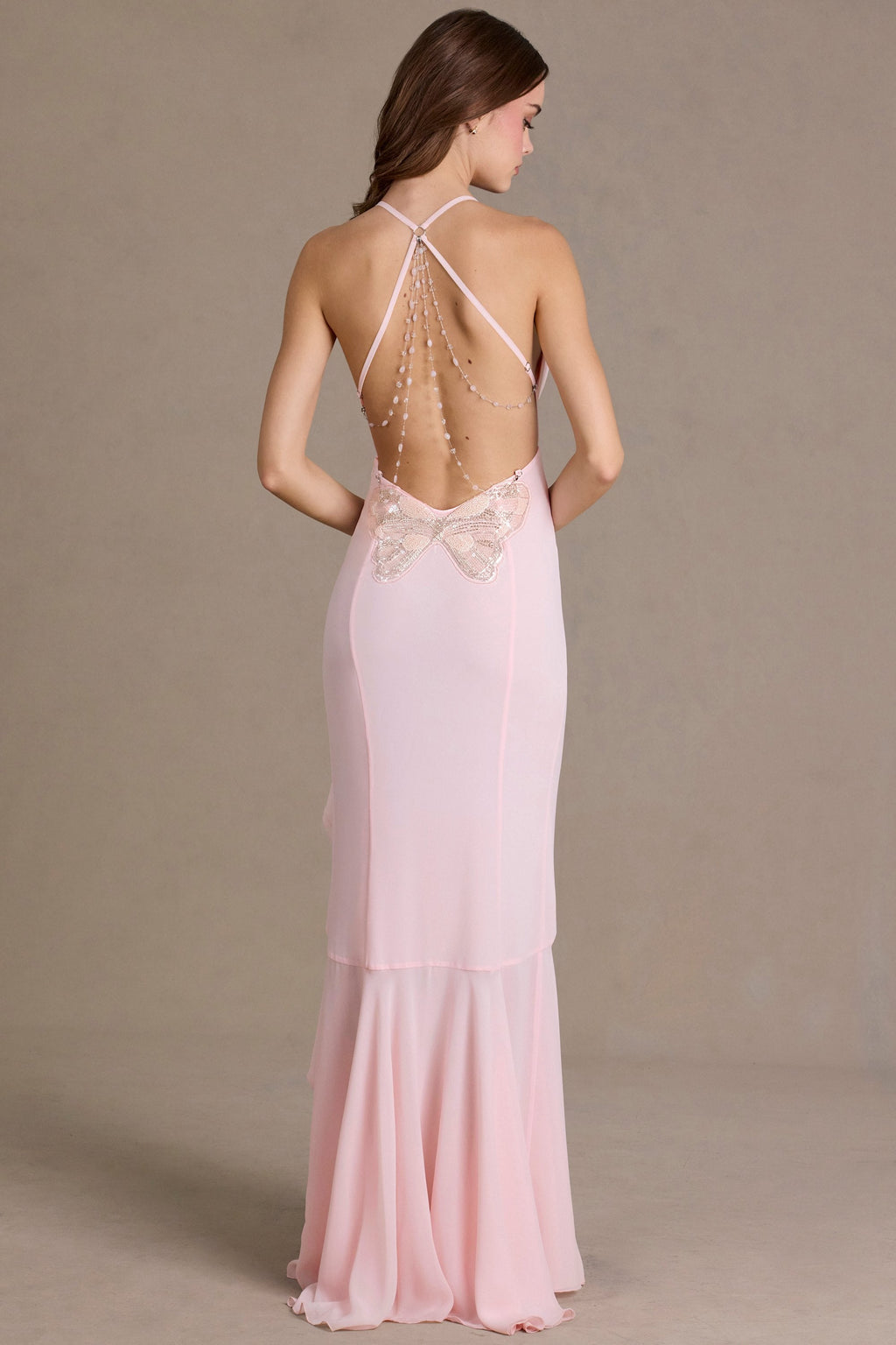 Chic Chiffon Cowl-Neck Open-Back Gown in Baby Pink