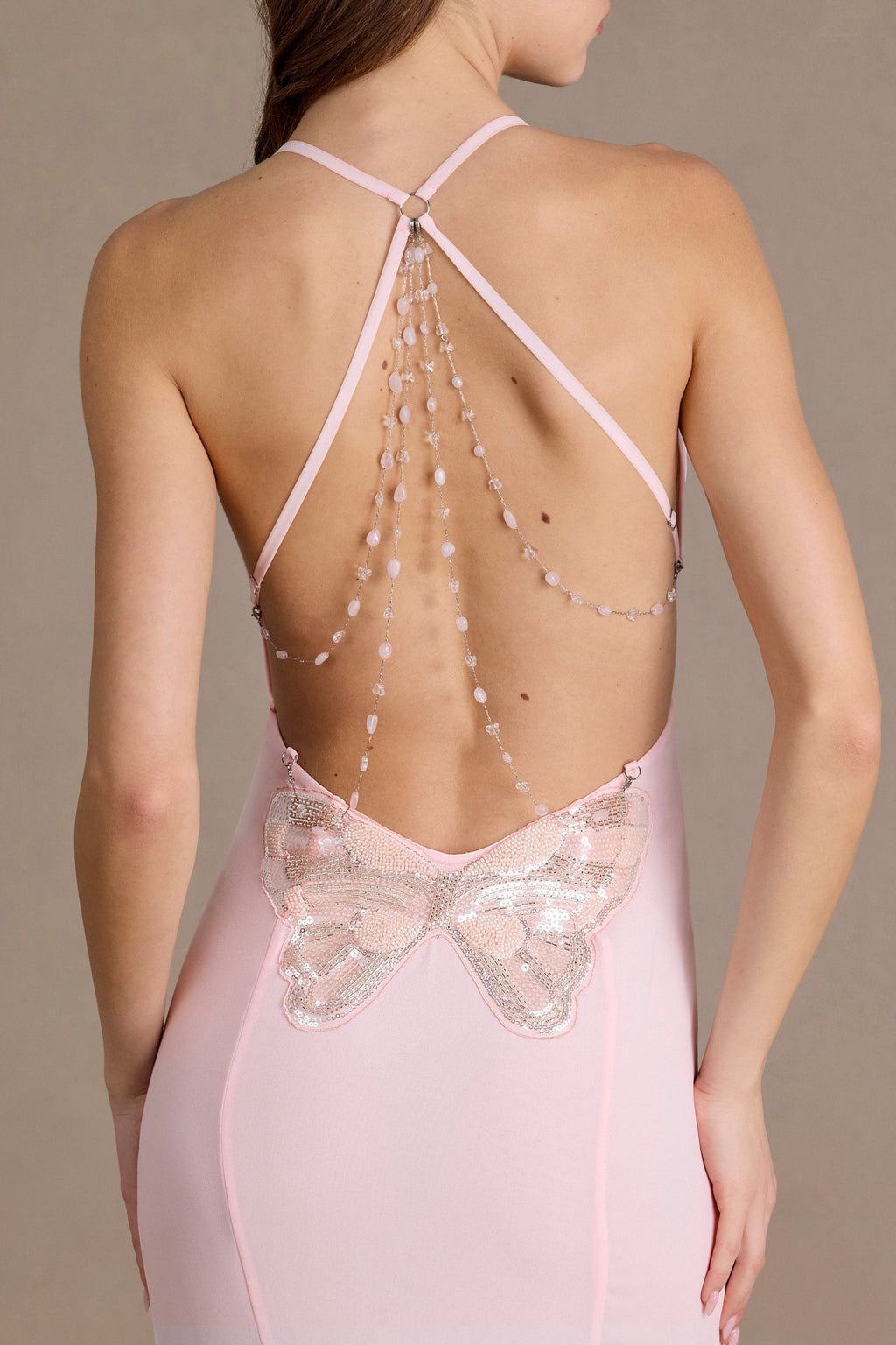 Chic Chiffon Cowl-Neck Open-Back Gown in Baby Pink