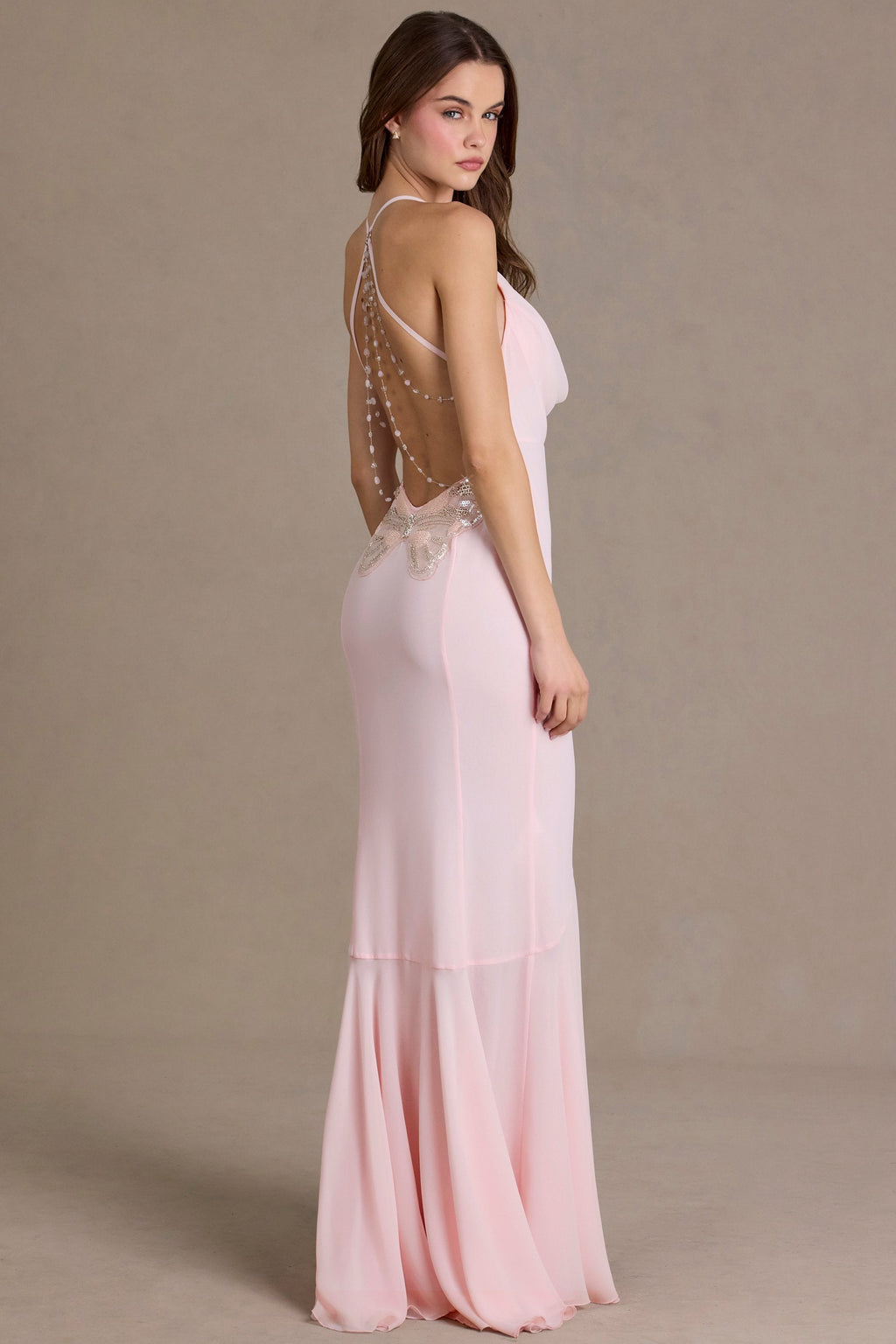 Chic Chiffon Cowl-Neck Open-Back Gown in Baby Pink
