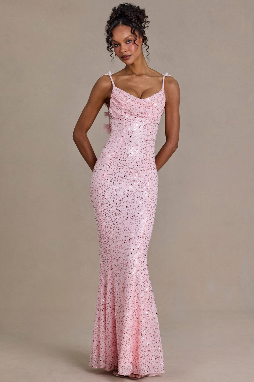 Chic Embellished Open-Back Maxi Dress in Baby Pink